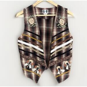Vintage HG NY Embroidered Vest Brown Plaid Boho 90s Festival Size‎ Medium